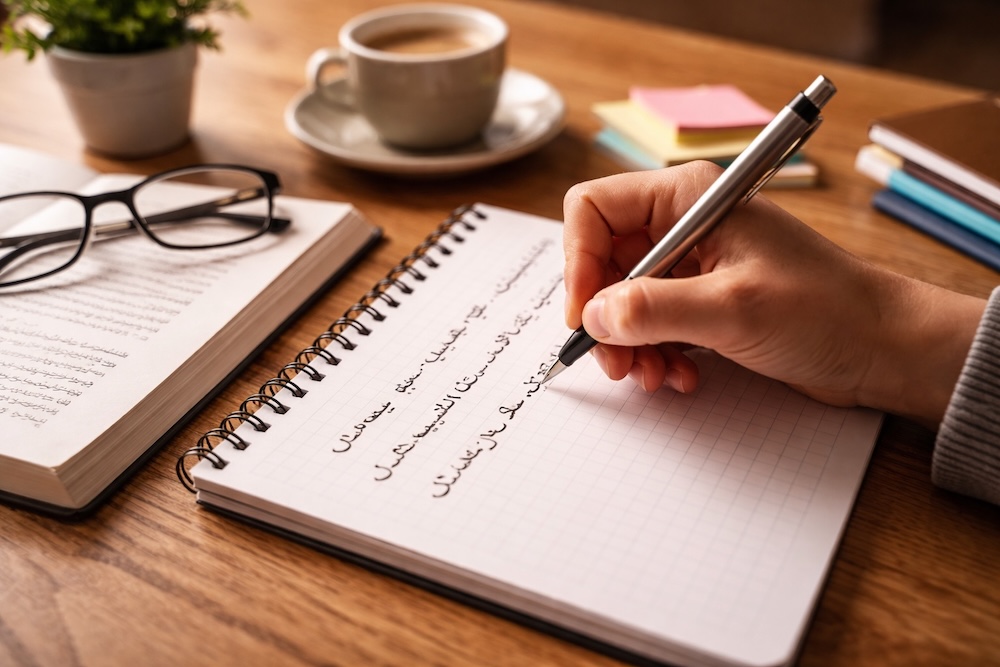Close-up of a student writing Arabic script by hand while learning Arabic