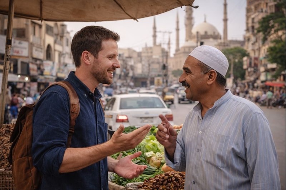 An English speaking learner talking with a local vendor on a street in Cairo using spoken Arabic.
